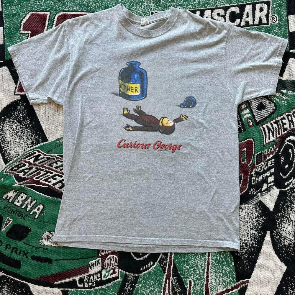 Curious George Ether Bottle Passed Out Retro Gray Graphic T-Shirt